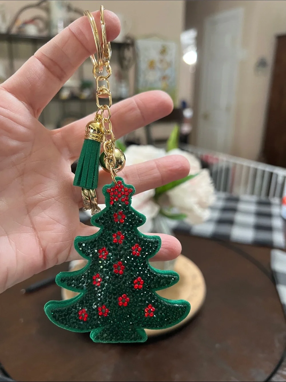 New Green Beaded Christmas Tree Ornament Keychain - Holiday Accent